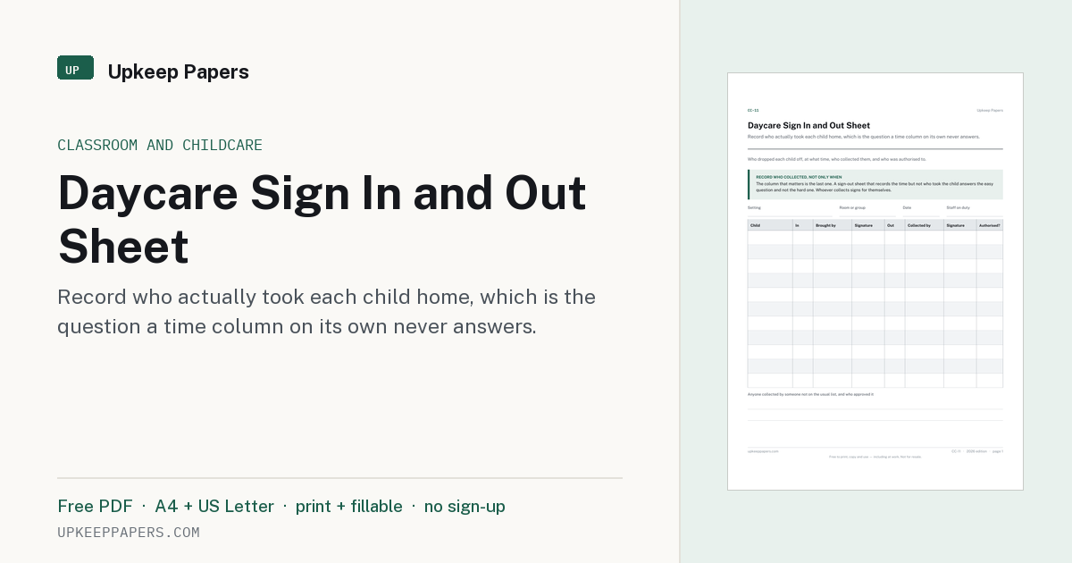 Free Printable Daycare Sign In and Out Sheet (PDF)