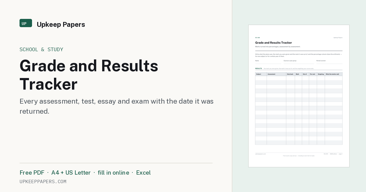 Grade and Results Tracker — Free PDF & Excel Template