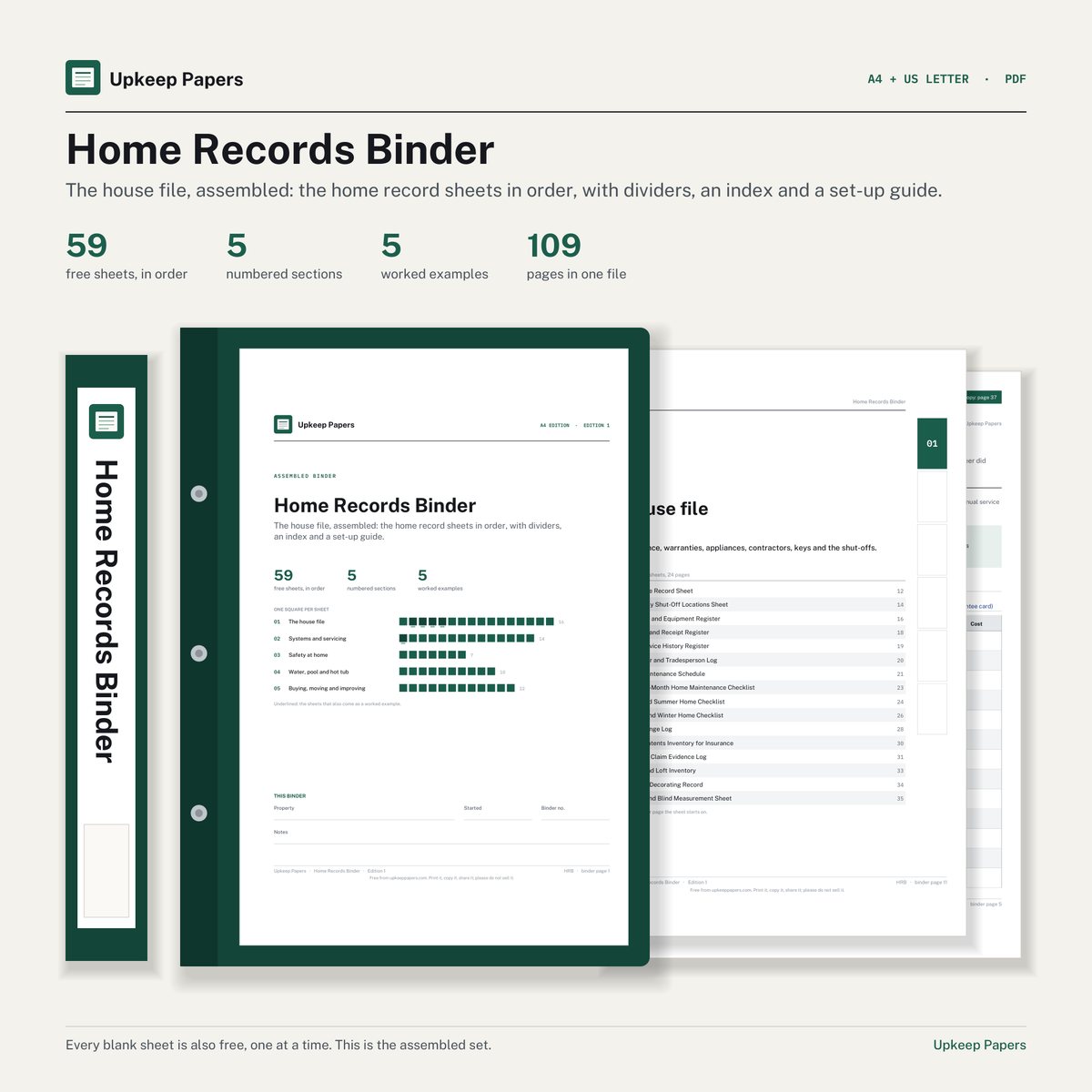 The Home Records Binder cover, spine label and first pages