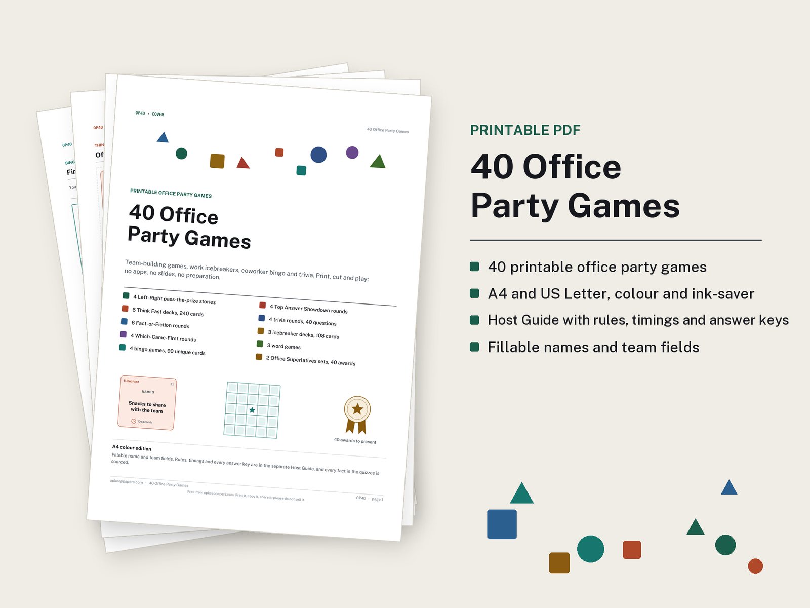 The cover of 40 Office Party Games, with the list of game types